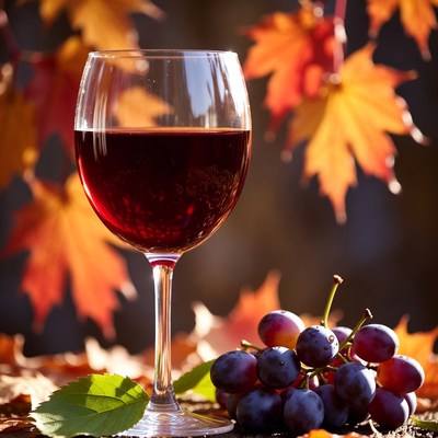 Glass of wine with grapes and leaves