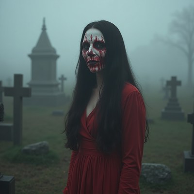 Woman in red dress at cemetery