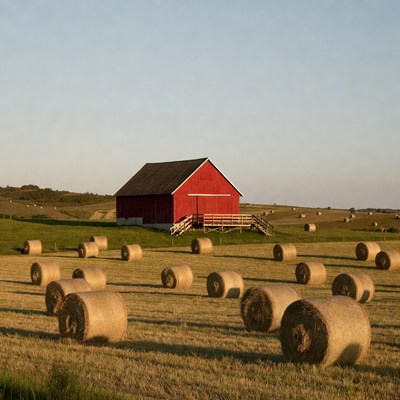 Red barn with hay bales in field