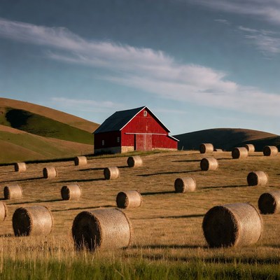 Red barn surrounded by hay bales