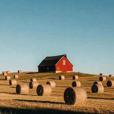 Red barn surrounded by hay bales