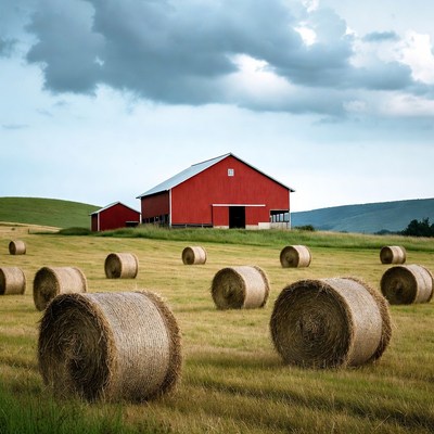 Red barn and hay bales in field