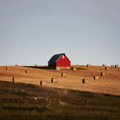 Red barn on golden field with hay bales