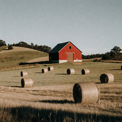 Red barn in rolling hills with hay bales