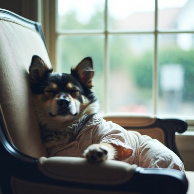 Dog resting in chair by window