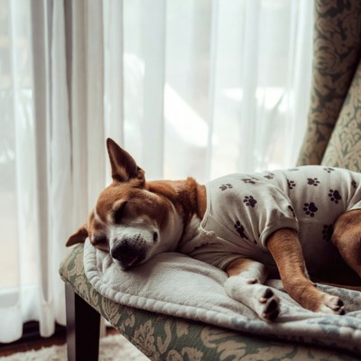 Dog resting on a chair in sunlight