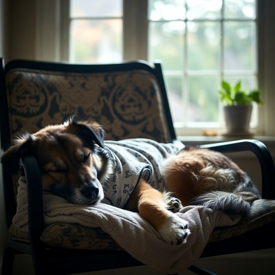 Dog resting on chair in sunlight
