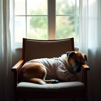 Dog resting by window in chair