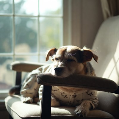 Dog resting by the window in sunlight
