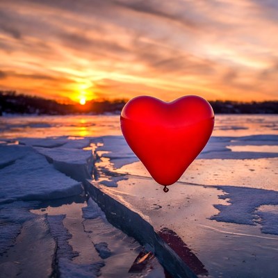 Red heart balloon on ice at sunset