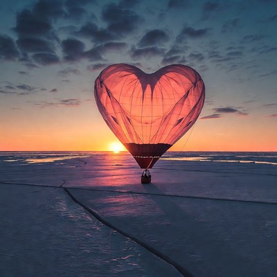 Heart-shaped hot air balloon at sunset