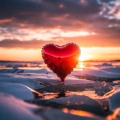 Heart balloon on ice during sunset