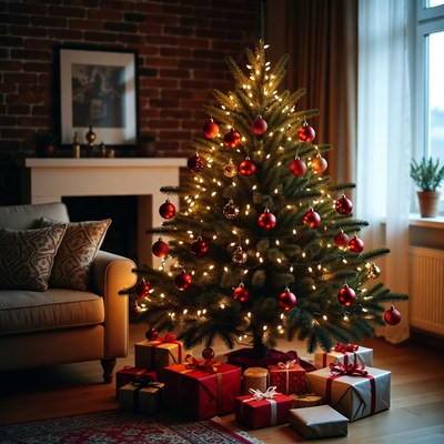 Christmas tree with gifts by fireplace