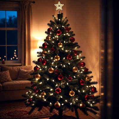 Festive christmas tree in living room