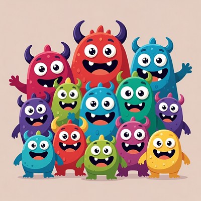 Group of colorful cartoon monsters together