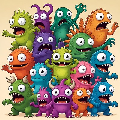 Group of colorful cartoon monsters together