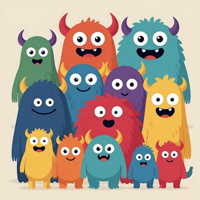 Colorful cartoon monsters smiling together