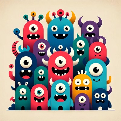 Playful cartoon monsters in color