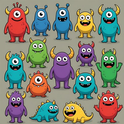 Monsters in bright colors together