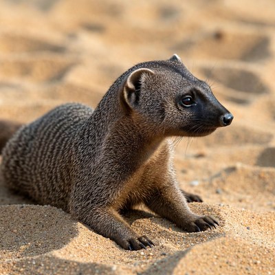 Mongoose resting on sandy ground
