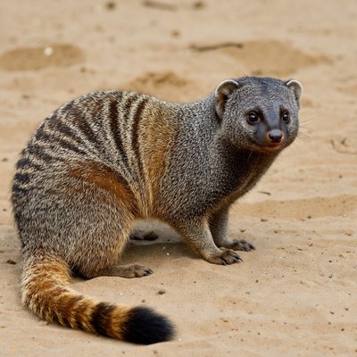 Striped mongoose on sandy ground