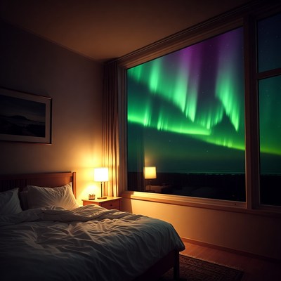 Aurora lights over bedroom window at night