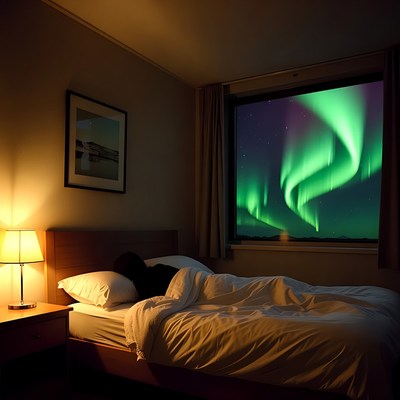 Northern lights viewed from a room