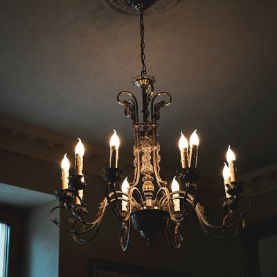 Chandelier hanging in dim room
