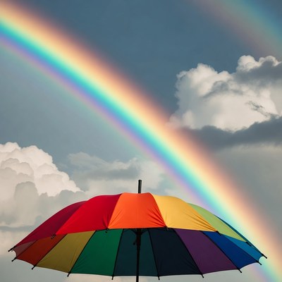 Rainbow above colorful umbrella in sky