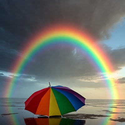 Colorful umbrella under rainbow arch