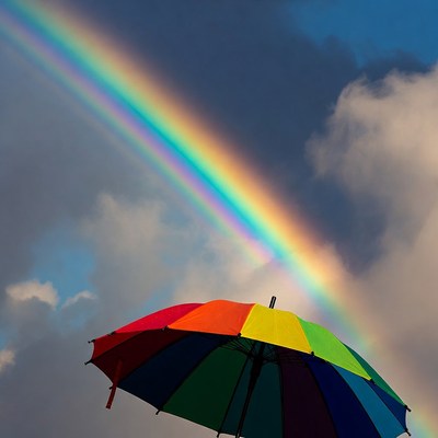 Rainbow above colorful umbrella