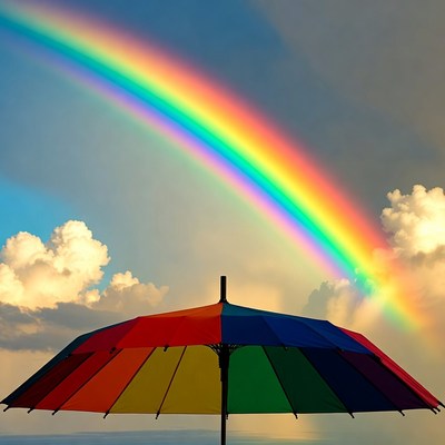 Rainbow over colorful umbrella