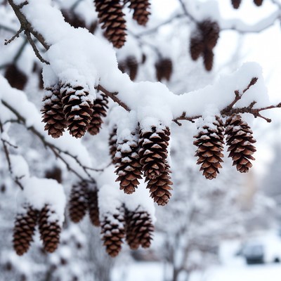 Snow-covered pine cones in winter