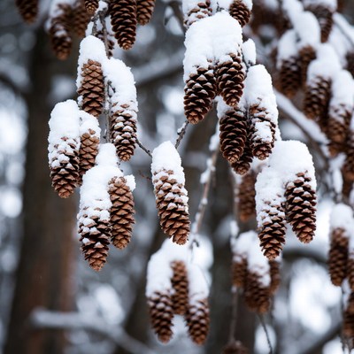 Snow covered pine cones hang from branches