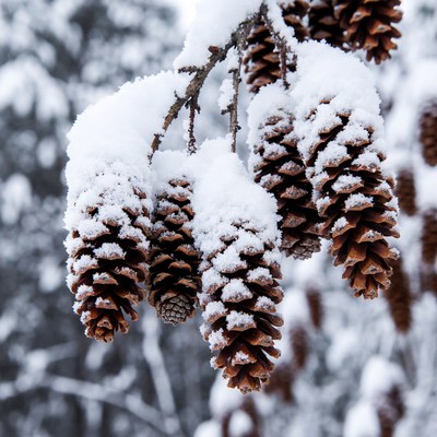 Snow-covered pine cones in winter