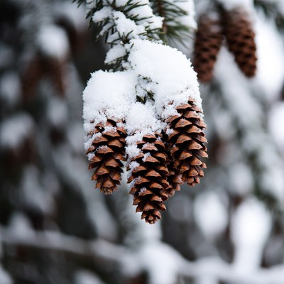 Snow covers pine cones in winter forest