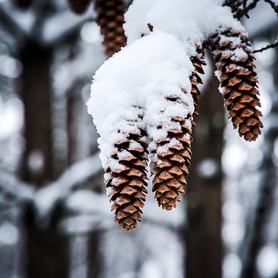 Snowy pine cones hanging from branches