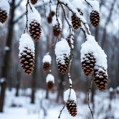 Snow covered pine cones on branches