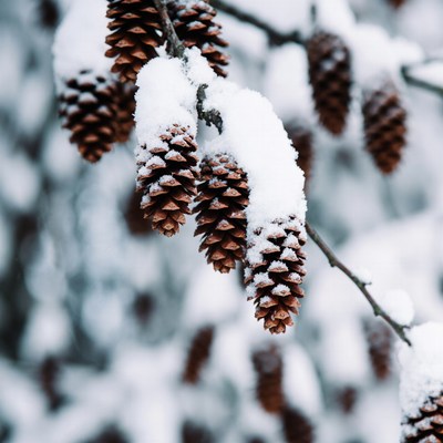 Snow-covered pine cones in winter