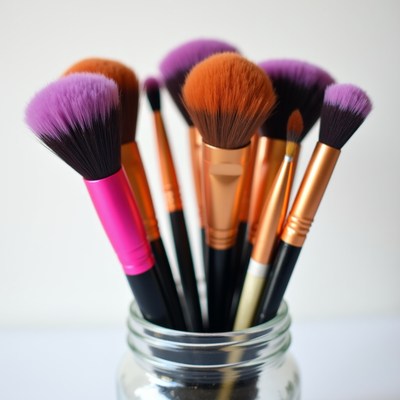 Various makeup brushes in a jar