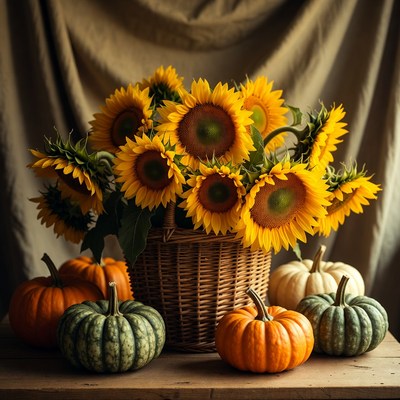 Sunflowers and pumpkins arrangement in basket
