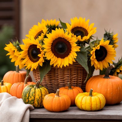 Sunflowers and pumpkins on display