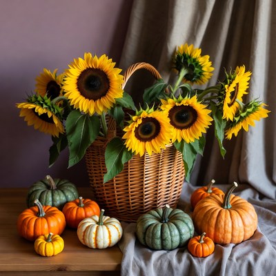 Sunflowers and pumpkins autumn display