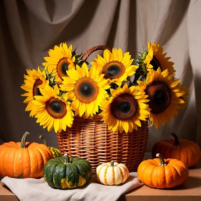 Sunflowers and pumpkins arrangement display