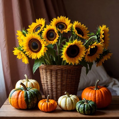 Sunflowers and pumpkins on display