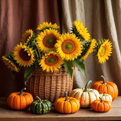 Sunflowers and pumpkins in basket