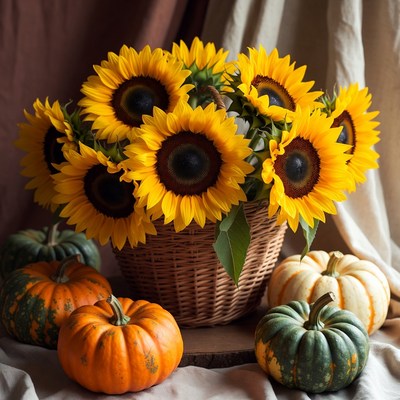 Sunflowers and pumpkins on display
