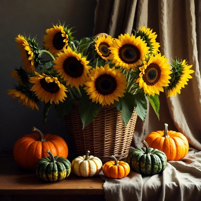 Sunflowers and pumpkins in fall display