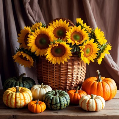 Sunflowers and pumpkins in a basket