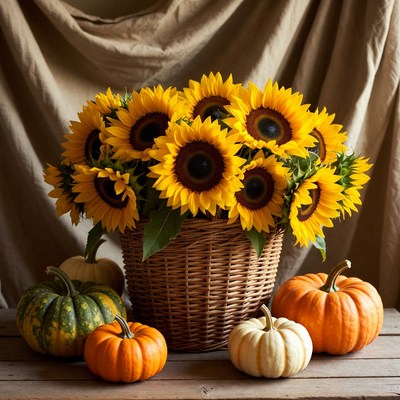 Sunflowers and pumpkins arrangement display